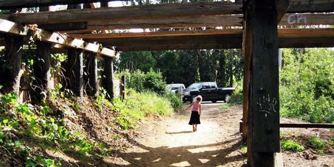 CLICK to continue: Sofia walking under trestle on beach trail