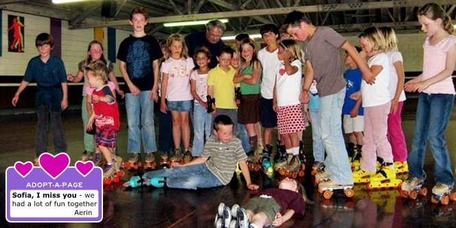 CLICK to continue: Group photo of Sofia and friends in the middle of the roller rink