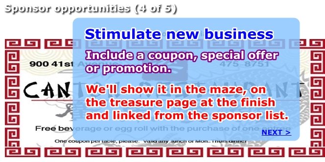 CLICK 'Back' or 'Skip' to continue the SofiaMaze, CLICK 'NEXT' to learn more about Sponsoring us.